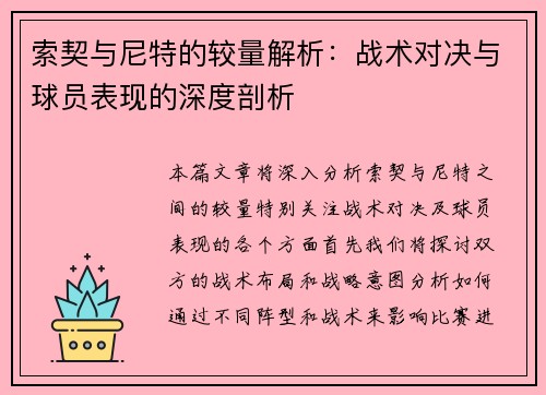 索契与尼特的较量解析：战术对决与球员表现的深度剖析